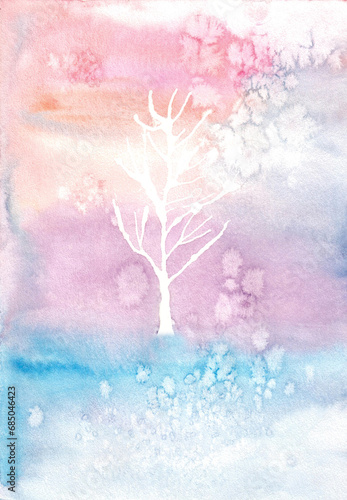 Watercolor landscape with tree in snow