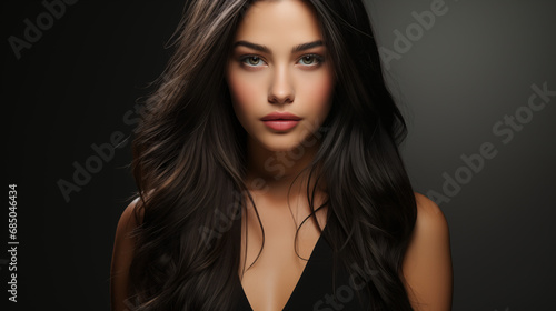 A stunning close-up of a model with voluminous, dark hair and captivating eyes, radiating natural beauty and allure