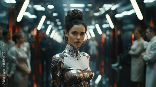 Futuristic fusion of elegance and technology, a female cyborg stands poised amidst a blurry human crowd in a sleek corridor