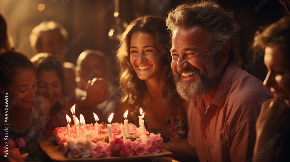 A jubilant family celebrates around a cake with lit candles, sharing a moment of joy and togetherness