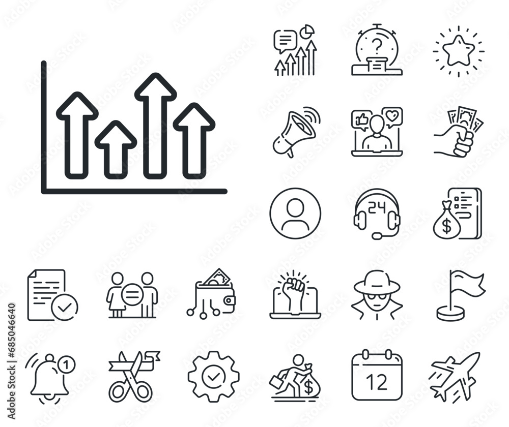 Financial graph sign. Salaryman, gender equality and alert bell outline icons. Growth chart line icon. Upper Arrows symbol. Business investment. Upper arrows line sign. Vector Financial graph sign. Salaryman, gender equality and alert bell outline icons. Growth chart line icon. Upper Arrows symbol. Business investment. Upper arrows line sign. Vector