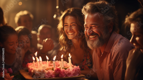A jubilant family celebrates around a cake with lit candles  sharing a moment of joy and togetherness