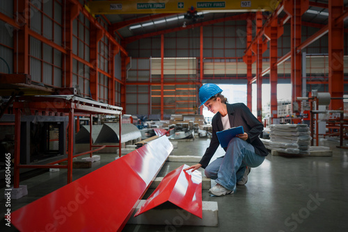 A worker is attentively examining a brightly colored red sheet of metal at her workstation in a factory setting.