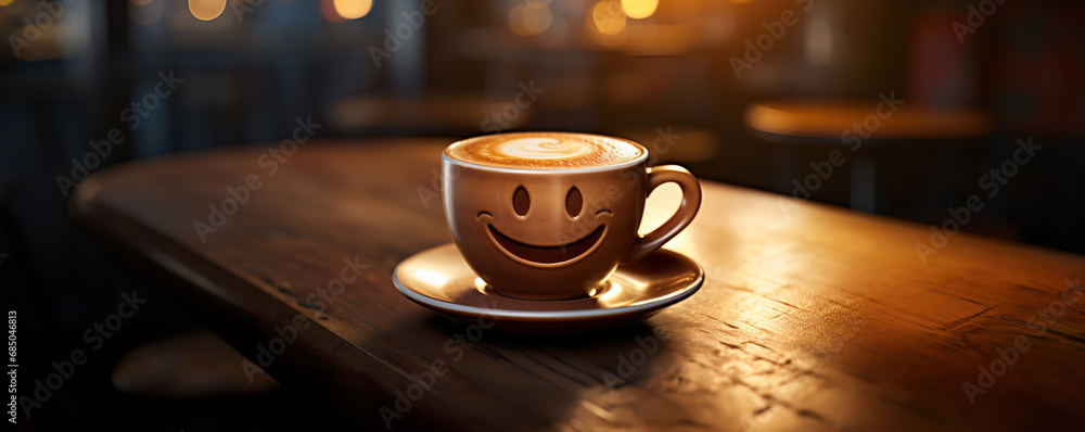 Banner shot of cappuccino coffee with happy smiley face - obrazy, fototapety, plakaty 