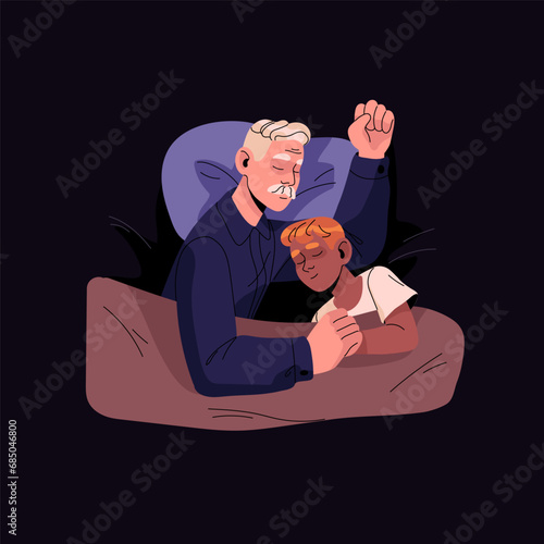 Family sleep in bed top view. Asleep grandfather, granddad hugs grandson at night. Relaxed sleepers lying, rest. Boy dream on pillow, relax in grandpa cuddle. Flat isolated vector illustration