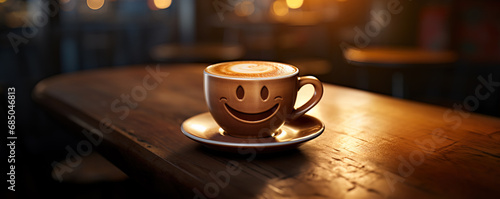 Banner shot of cappuccino coffee with happy smiley face photo