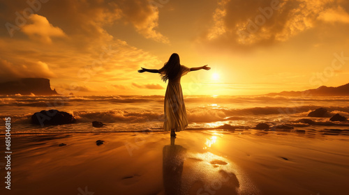 Behind view silhouette of woman in long dress standing with arms outstretched in front of beautiful sea at sunset, in freedom concept