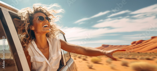 Banner shot of blonde woman traveling off-road by car enjoying the beautiful desert landscape