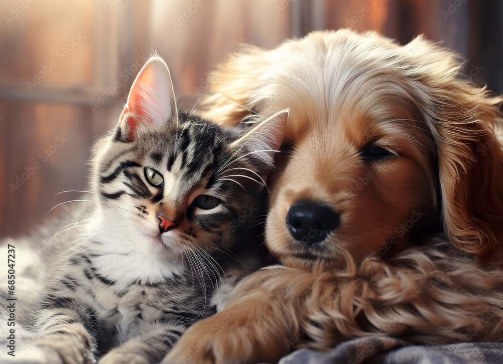 Cute kitten and a puppy lying next to each other. Friendship between pets