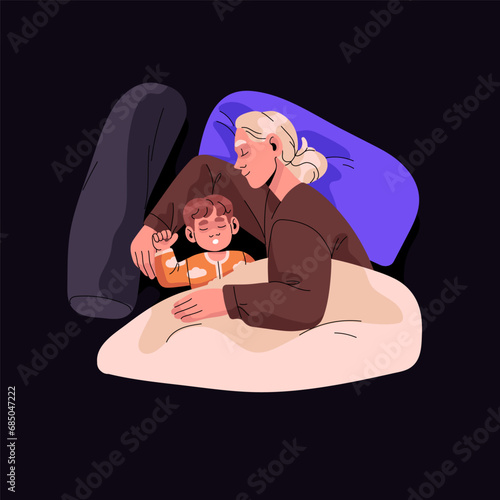 Relaxed family in pajamas sleep top view. Happy mother hug, cuddle baby in bed. Young woman with child nap. Sleepy mom relax, rest on pillow. Asleep son lying, dream. Flat isolated vector illustration