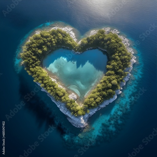 Island in a heart shape form in the middle of the ocean sea, earth day, global warming, mother earth © Mockup Lab