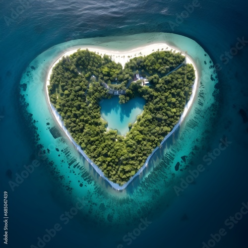 Island in a heart shape form in the middle of the ocean sea, earth day, global warming, mother earth © Mockup Lab