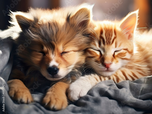 Cute kitten and a puppy lying next to each other. Friendship between pets