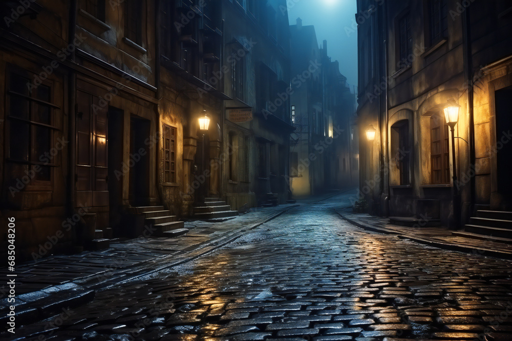 A wet street in an old romantic city at night