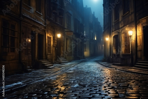 A wet street in an old romantic city at night