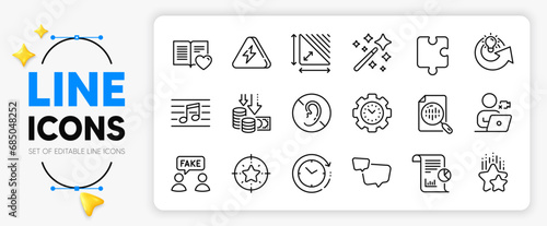 Love book, Lightning bolt and Triangle area line icons set for app include No hearing, Deflation, Magic wand outline thin icon. Analytics chart, Video conference, Musical note pictogram icon. Vector