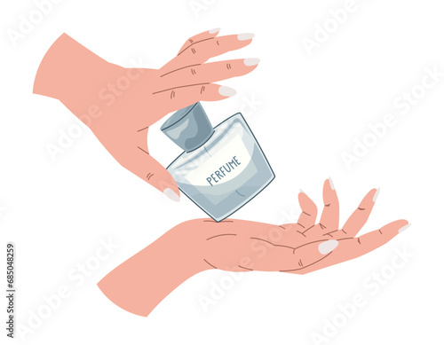Elegant female hands with manicure holding a glass blue bottle of perfume. Vector isolated fashion illustration, fragrant eau de parfum.