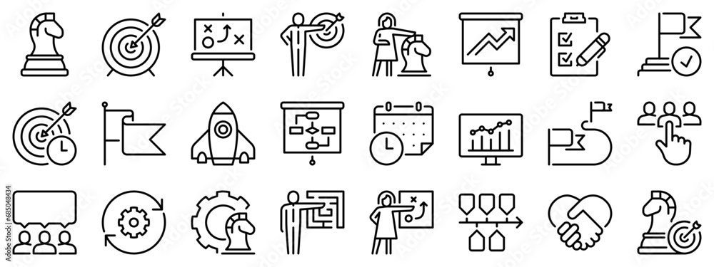 Icon set about action plan. Line icons on transparent background with editable stroke.