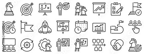 Icon set about action plan. Line icons on transparent background with editable stroke.