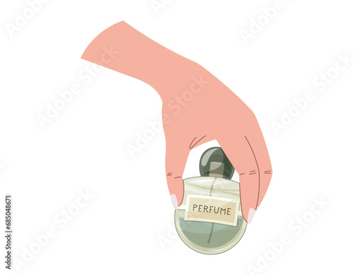 Elegant female hands with manicure holding a glass green bottle of perfume. Vector isolated fashion illustration, fragrant eau de parfum.