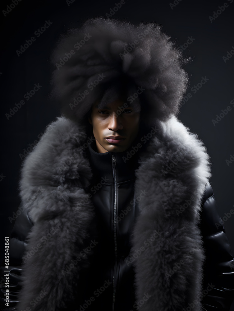 Minimalist tudio portrait of an african-american young man wearing a black jacket. Generative AI Minimalist tudio portrait of an african-american young man wearing a black jacket. Generative AI