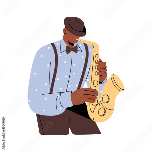 Jazz man in suit play on wind music instrument. Musician in hat performs on saxophone. Saxophonist holds golden sax in hand, blowing. Blues performance. Flat isolated vector illustration on white