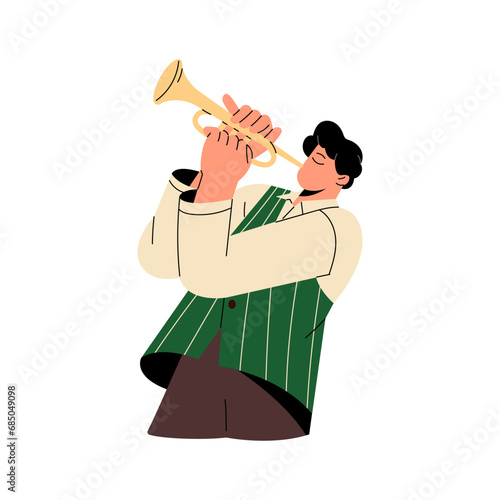 Jazz man standing on stage, blowing in horn. Professional musician performs on wind instrument. Orchestral performer plays trumpet. Solo performance. Flat isolated vector illustration on white