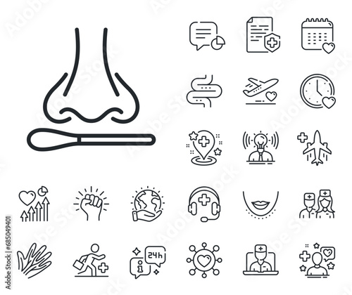 Nose with cotton swab sign. Online doctor, patient and medicine outline icons. Nasal swab test line icon. Coronavirus testing symbol. Nasal test line sign. Vector