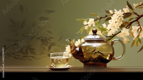 pot chinese tea drink oolong illustration beverage hot, green background, brew tranquility pot chinese tea drink oolong