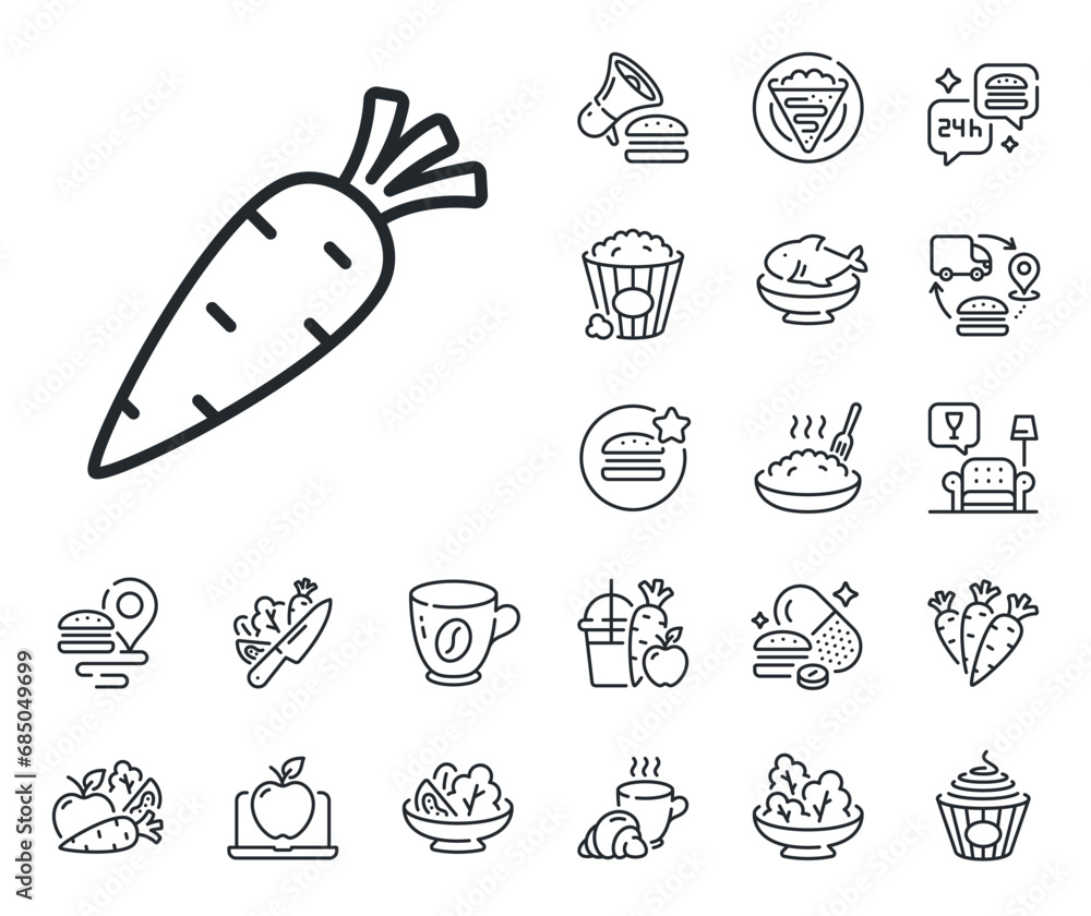 Vegetable food sign. Crepe, sweet popcorn and salad outline icons. Carrot line icon. Diet nutrition symbol. Carrot line sign. Pasta spaghetti, fresh juice icon. Supply chain. Vector