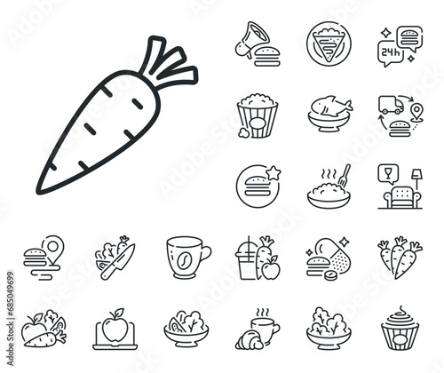 Vegetable food sign. Crepe  sweet popcorn and salad outline icons. Carrot line icon. Diet nutrition symbol. Carrot line sign. Pasta spaghetti  fresh juice icon. Supply chain. Vector