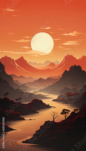 Vibrant Orange Sunset over a Serene Mountainous Landscape
