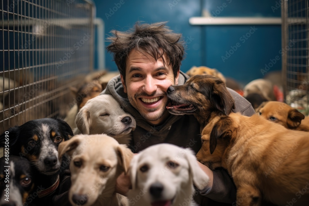 Portrait of a man holding a group of dogs in a shelter, Dog at the shelter, Animal shelter volunteer takes care of dogs, AI Generated - obrazy, fototapety, plakaty 