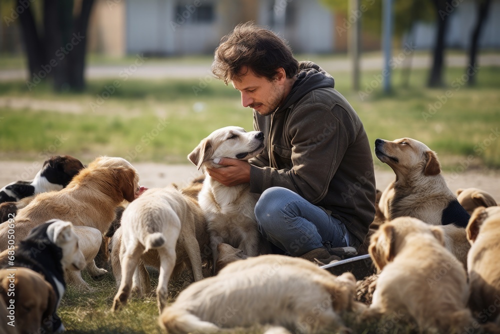 Man playing with his dogs in the park. Friendship between dogs and humans, Dog at the shelter, Animal shelter volunteer takes care of dogs, AI Generated - obrazy, fototapety, plakaty 