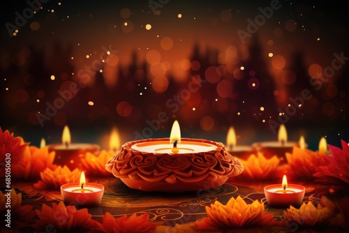 Beautiful diwali diya and burning candles on colorful background, Diwali festival of lights background, AI Generated photo
