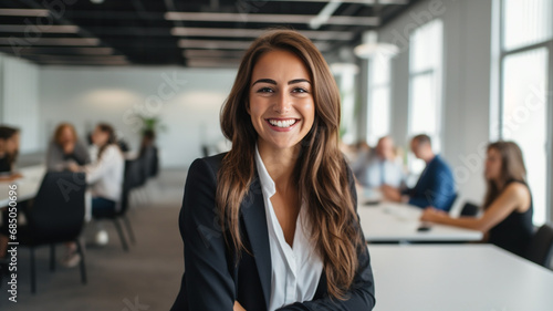 Young businesswoman smiles happily at conference room in office