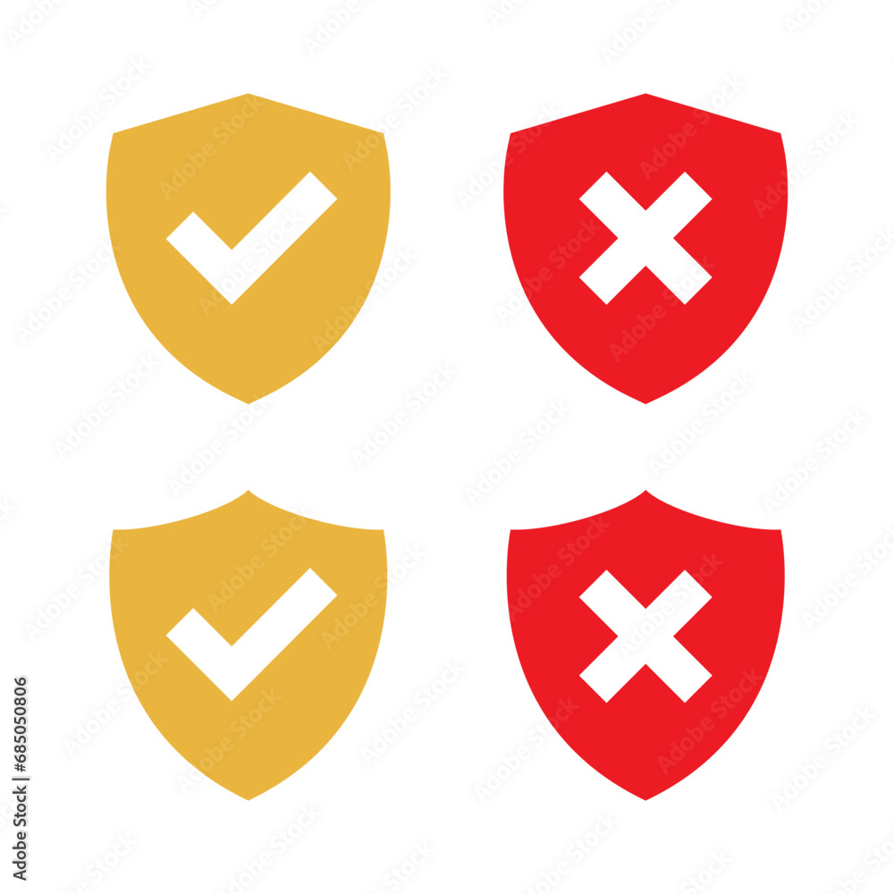 Obraz premium Shield with check mark and cross icon vector in flat style