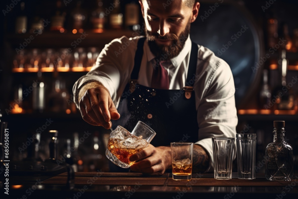 Bartender pouring whiskey into glass at bar counter in night club, Expert barman is making cocktails at the night club or bar, AI Generated - obrazy, fototapety, plakaty 