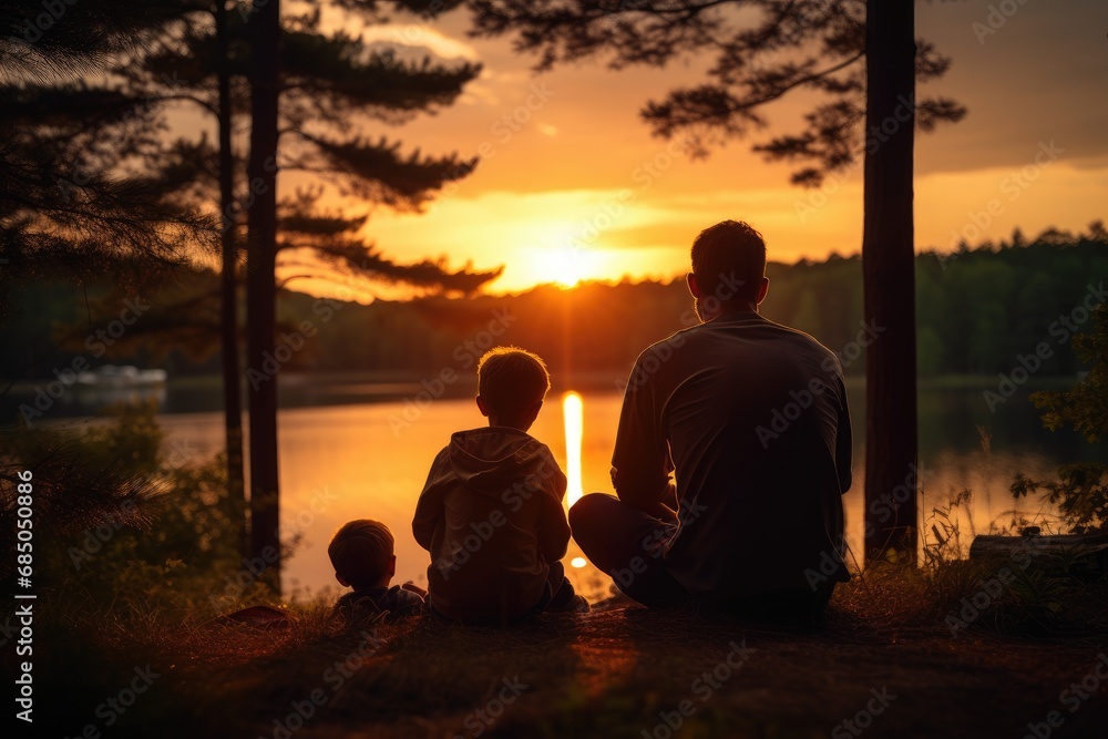 Silhouette of father and two sons sitting on the shore of the lake at sunset, Family dad and two sons are fishing at sunset, AI Generated Silhouette of father and two sons sitting on the shore of the lake at sunset, Family dad and two sons are fishing at sunset, AI Generated