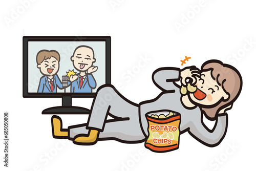 ゴロゴロ寝転がりながらポテチを食べながらテレビを見る女性のイラスト