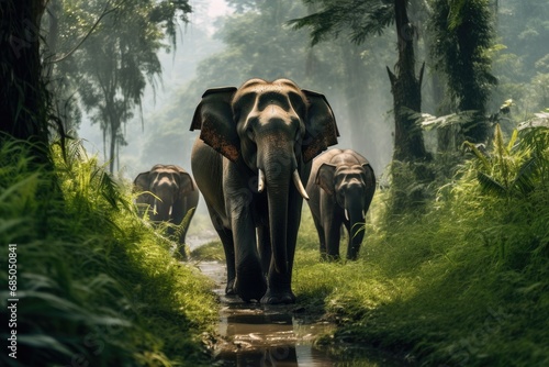 Elephants in the jungle of Borneo, Malaysia, Eco travel in the jungle with wild animals elephants, AI Generated © Ifti Digital