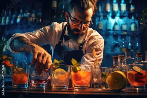 Bartender making a cocktail at bar counter in night club, Expert barman is making cocktails at the night club or bar, AI Generated