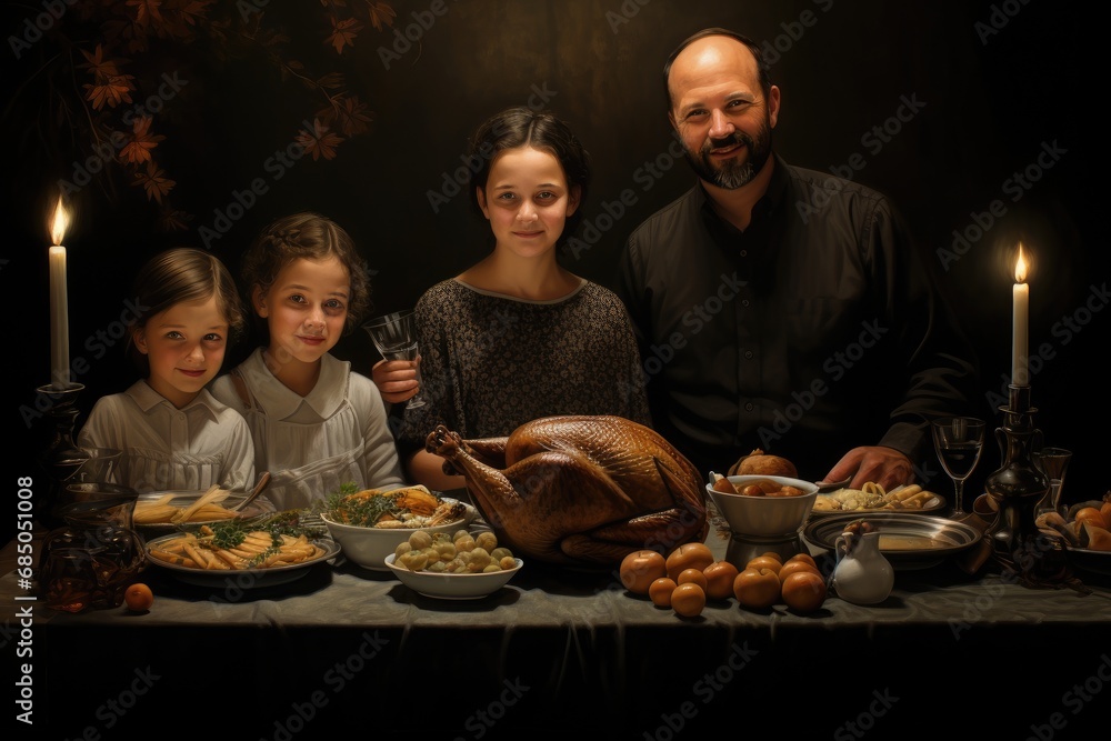 Happy family with a turkey on the table. Thanksgiving dinner. Family dinner, family thanksgiving with turkey, AI Generated