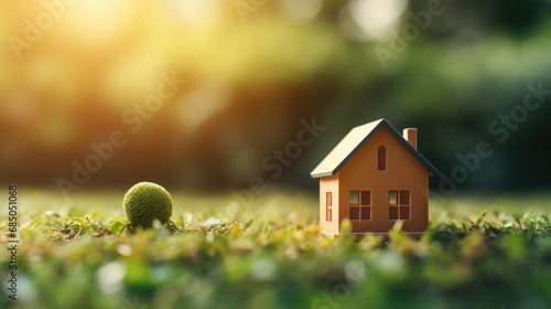Eco friendly house on green nature bokeh background, Mini wooden house on green grass photo