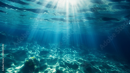 Beautiful blue ocean background with sunlight and undersea scene photo