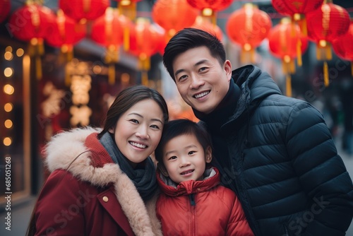 Happy Asian Family Celebrating Chinese New Year Outdoors