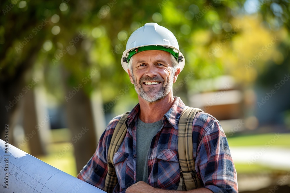 Smiling Architect with Blueprints on Site
Smiling Architect with Blueprints on Site