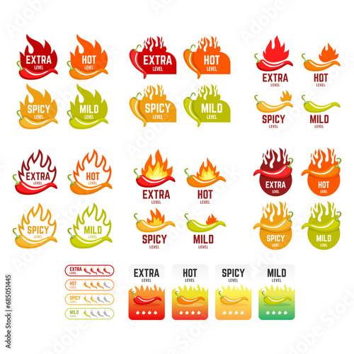 Set of spicy level labels. Chili, jalapeno, tabasco pepper flavor stickers with burning flames