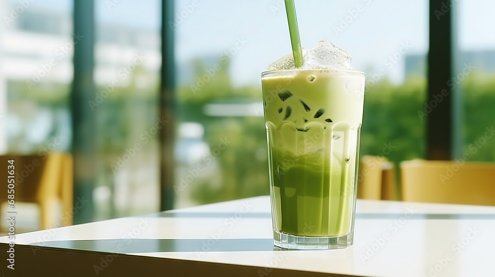Closeup of iced matcha latte in a stylish glass on sunny background in front of the window in a cafe. Generative AI Closeup of iced matcha latte in a stylish glass on sunny background in front of the window in a cafe. Generative AI