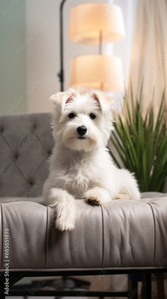Cute West Highland White Terrier dog on sofa in living room Cute West Highland White Terrier dog on sofa in living room